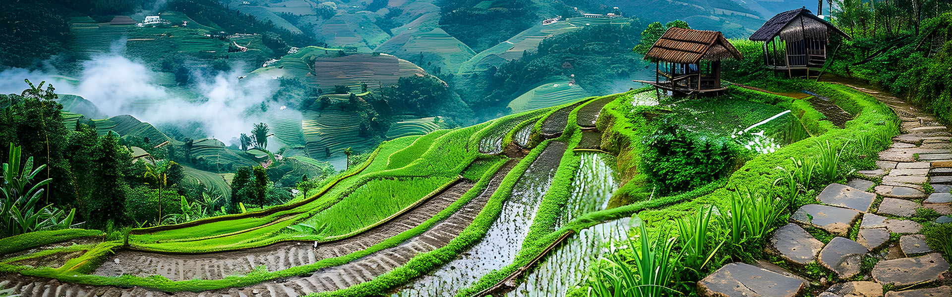 Misty Sapa rice terraces in Vietnam on a scenic Sapa Travel banner by Legend Travel Group.