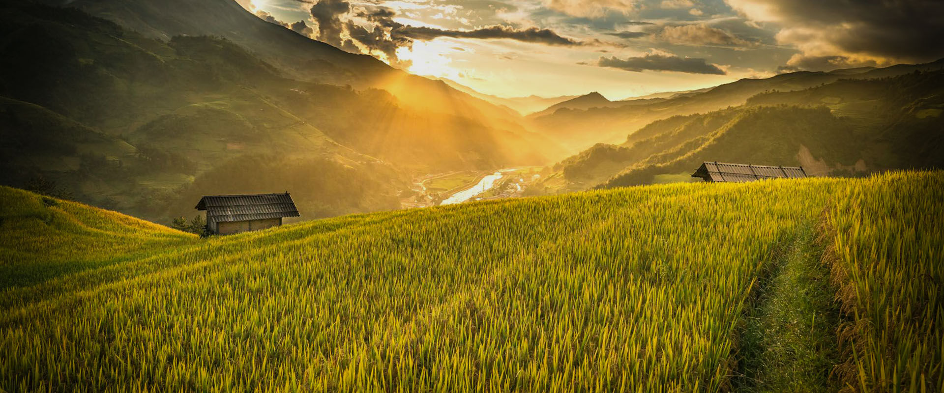 Ta Van’s tranquil rice fields at sunset on a Ta Van Travel banner by Legend Travel Group.