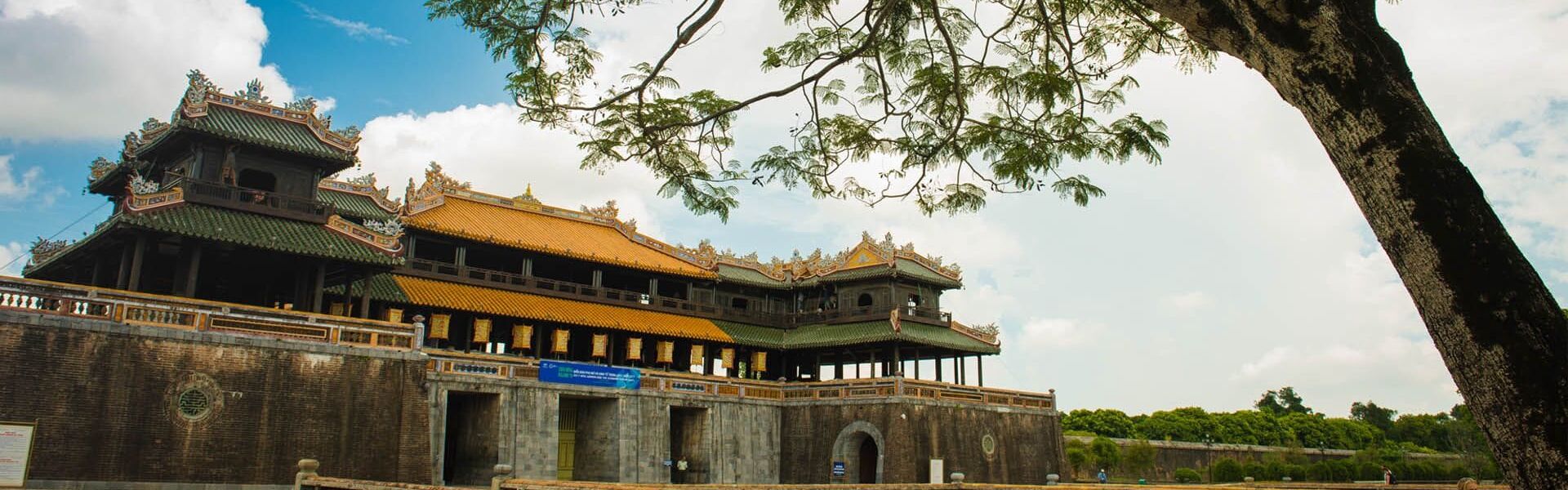 Panoramic view of Hue’s imperial heritage for a scenic Hue Travel banner by Legend Travel Group.