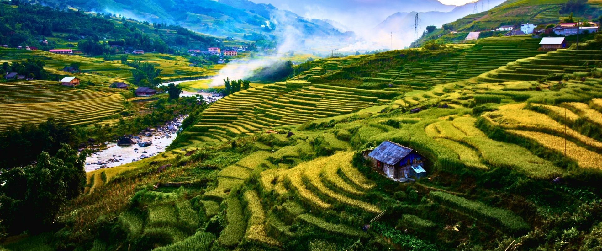 Cat Cat’s serene Sapa scenery at sunset on a Cat Cat Travel banner by Legend Travel Group.