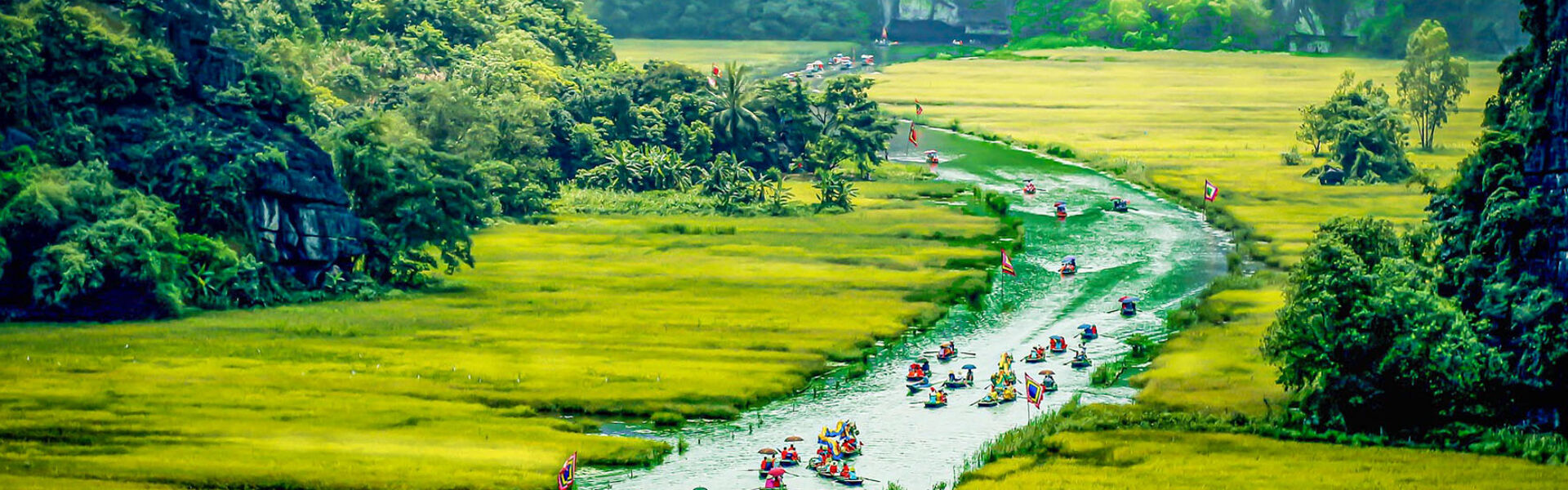 Rice fields and karst hills during a guided Tam Coc Tours experience with Legend Travel Group in Ninh Binh.