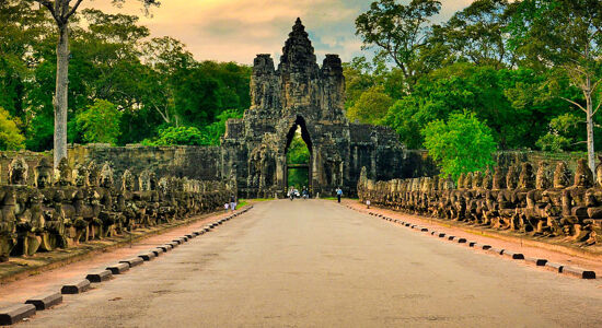 Iconic Siem Reap temple ruins for a vibrant Siem Reap Tours banner with Legend Travel Group.