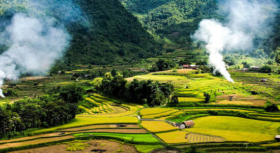 Iconic Ta Van ethnic village for a vibrant Ta Van Tours banner with Legend Travel Group.