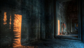 Sunset through the window of Temples in Angkor Complex, Siem Reap