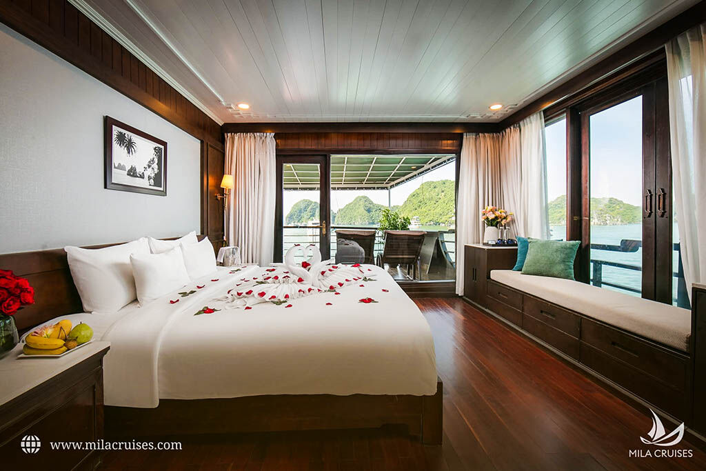 Wake up to panoramic bay views from your elegant cabin aboard