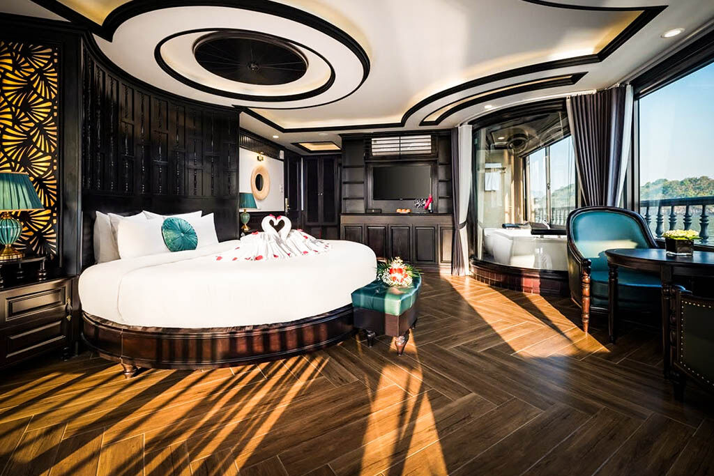 Wake up to panoramic bay views from your elegant cabin aboard