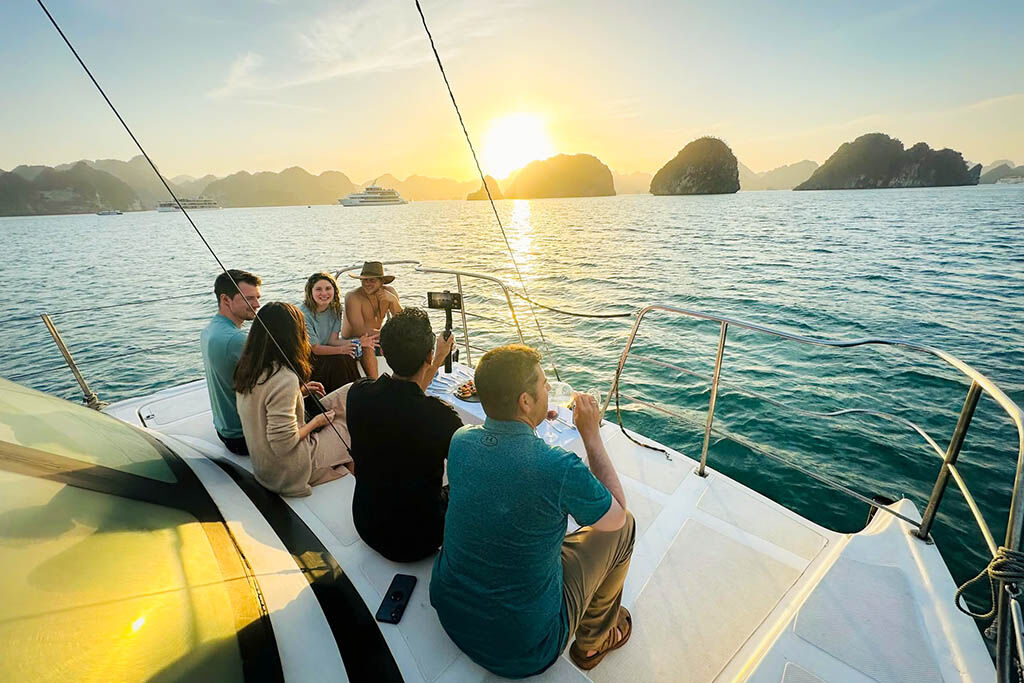 Group happiness on the emerald waters of Halong Bay
