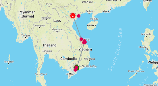 Map of Vietnam - 12 Days. Departure every Saturday from Saigon