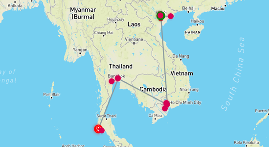 Map of Cultural Odyssey from Hanoi to Phuket 14-Day