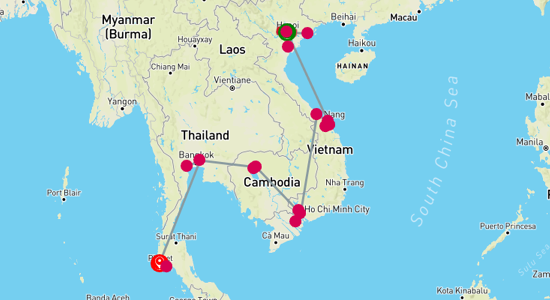 Map of Discovering Southeast Asia Cultural Riches and Seaside Charms 19-Day