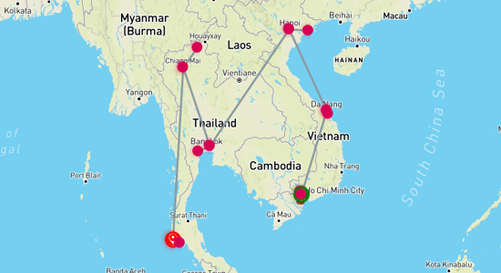 Map of Heritage and Beach Escapes in Vietnam and Thailand 18-Day