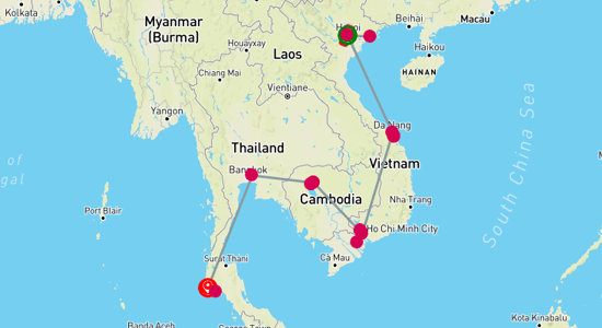 Map of Indochina Delight with Thai Beach Escape 16-Day
