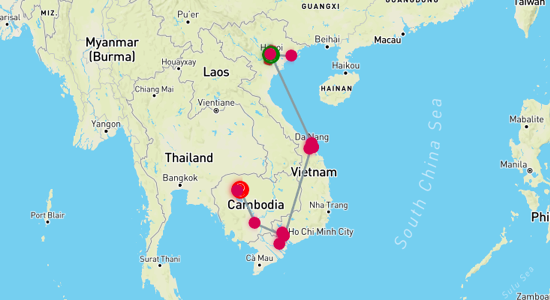 Map of tour Ultimate Indochina: 16-Day Super Saver Tour