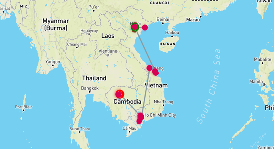 Map of Ultimate Luxury Tour: Discovering Vietnam and Cambodia 12-Day