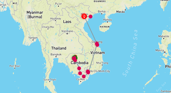 Map of tour Mekong Delta Odyssey: From Siem Reap to Hanoi 14-Day