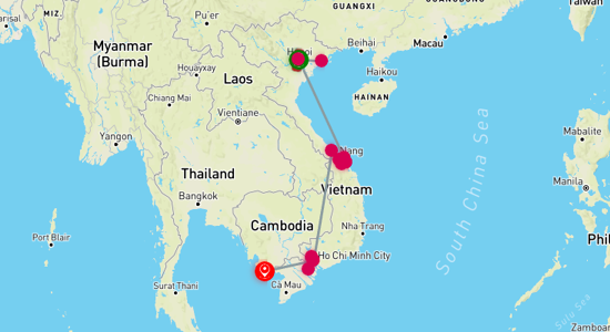 Map of tour The Ultimate Vietnam Discovery and Relaxation 16-Day