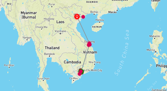 Map of Vietnam - 10 Days. Departure every Monday from Saigon