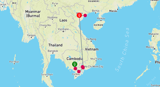 Map of Mekong Delta Cruise: Cambodia to Vietnam 8-Day