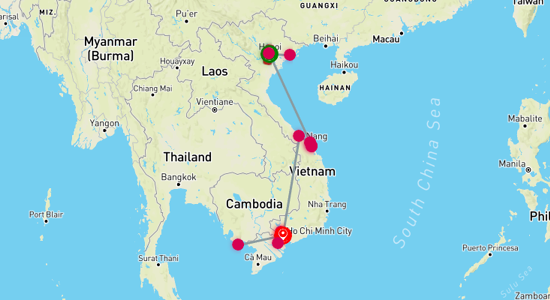 Map of Vietnam Romantic Honeymoon and Phu Quoc Island Extension 14-Day Trip