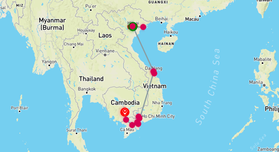 Map of Mekong Delta Discovery: Vietnam and Cambodia Tour 10-Day