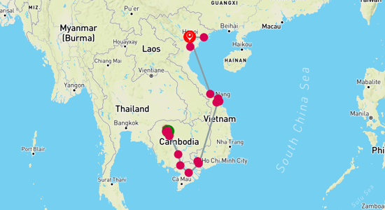 Map of tour Treasures of Cambodia and Vietnam by Mekong 21-Day