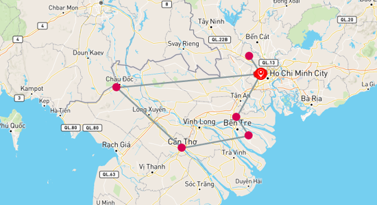 Map of tour Hidden Gems of Ho Chi Minh and Mekong Delta: 6-Day Tour