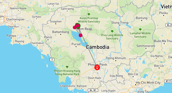Map of Best of Cambodia: Siem Reap to Phnom Penh 5-Day Tour