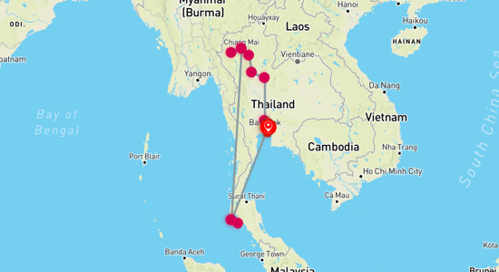 Map of Thailand Culture and Adventure Tour: From Bangkok to Phuket 15-Day