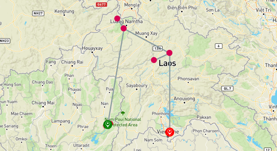 Map of Chiang Rai to Vientiane: A Northern Adventure 6-Day
