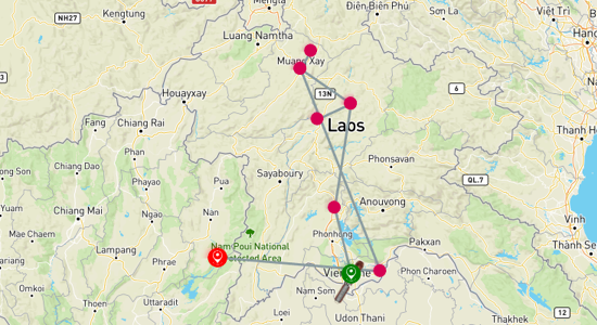Map of Cross-Border Adventure: Vientiane to Chiang Rai 9-Day