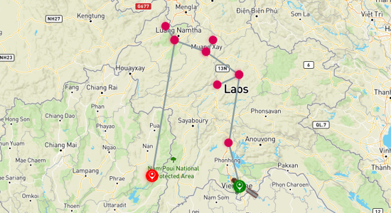 Map of Journey to the Golden Triangle: Vientiane to Chiang Mai 10-Day