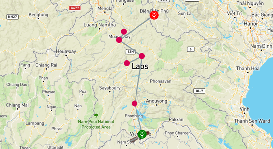 Map of tour Scenic Train Journey: Vientiane to Dien Bien Phu 8-Day