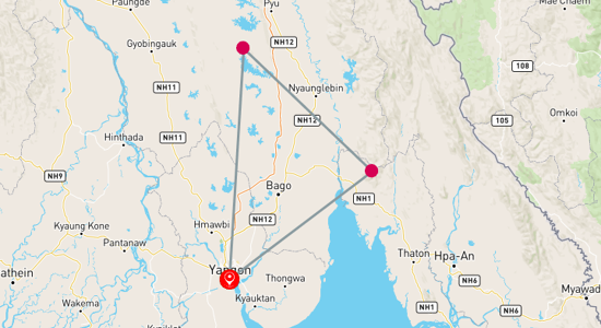 Map of tour Golden Myanmar: Yangon, Golden Rock, and Bago Tour 4-Day