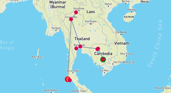 Map of Angkor Wonders and Thai Delights Tour 14-Day