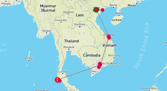 Map of tour Best of Vietnam plus Phuket, Thailand - 12 Days